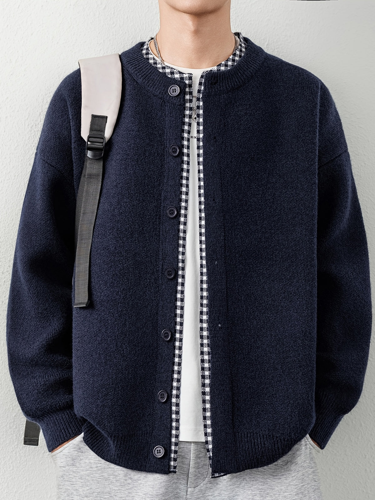 [Wading Whale OBM] 1pc Autumn Winter New Men'S Knit Cardigan, Old Money Style Textured Contrast Round Neck Single Button Front Long Sleeve Sweater Vest Top, Men'S Casual Fashion, Suitable for Spring, Autumn, Winter Wear, Fits Daily Commute - Navy