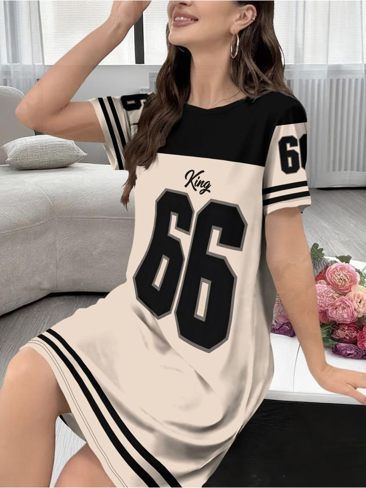 Digital Print - Women'S Casual Home Top, Fabric Material, Black And White Colorway, Featuring "167.64cm And "King" Prints, Short Sleeve Round Neck, Striped Details, Multiple Sizes Available, Suitable for Indoor Casual Women'S Long T-Shirt - Mixed colors