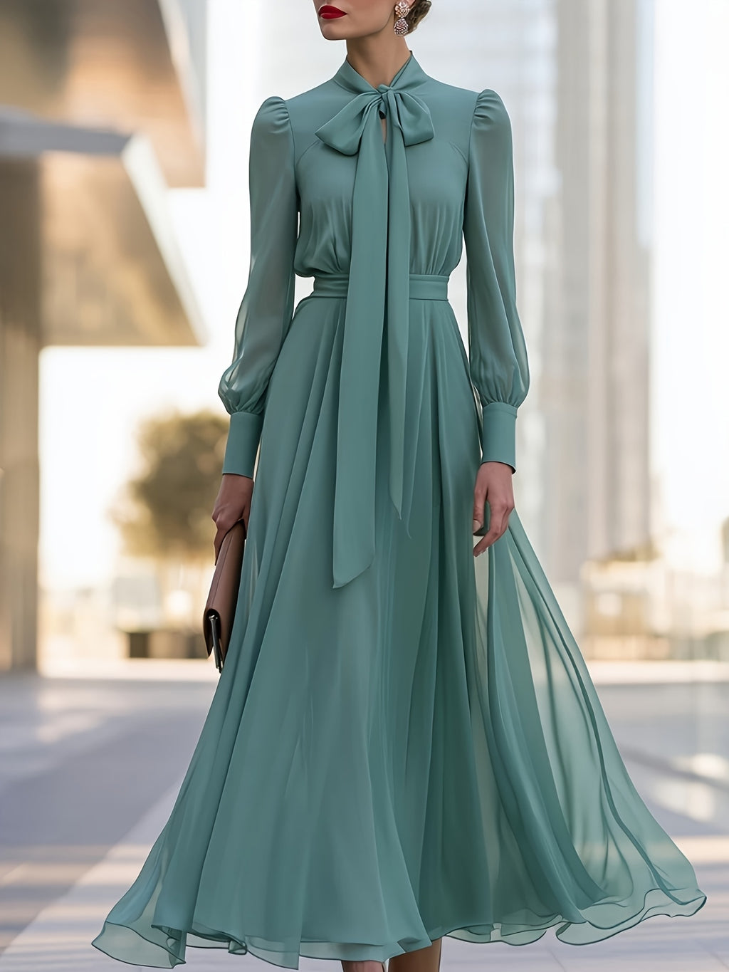 Women'S Elegant Retro Chiffon Bow Neck Long Sleeve A-Line Flowing Maxi Dress, Suitable for Weddings, Dates, Parties, Ceremonies, Evening Events, Office Wear, Casual Outfits - Green