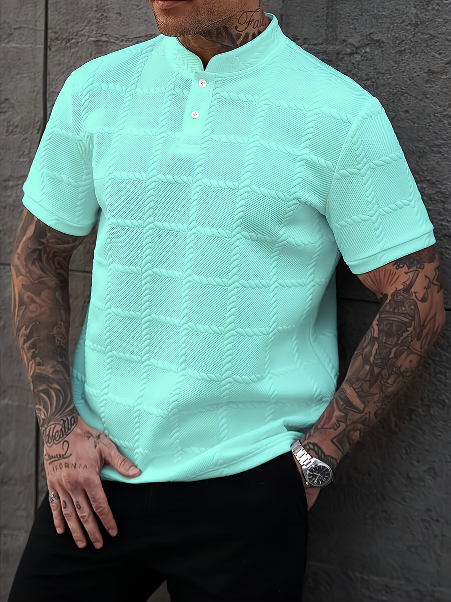 New Cross-Border Men'S Fashion Summer Casual Sports Short-Sleeved Small Stand-Up Collar Henley Shirt - Green