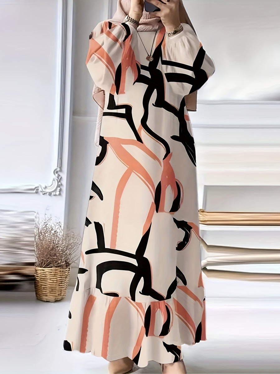 Fashion Printed Muslim Women'S Dress Long Sleeve Retro Loose Maxi Dress Ruffle - Apricot