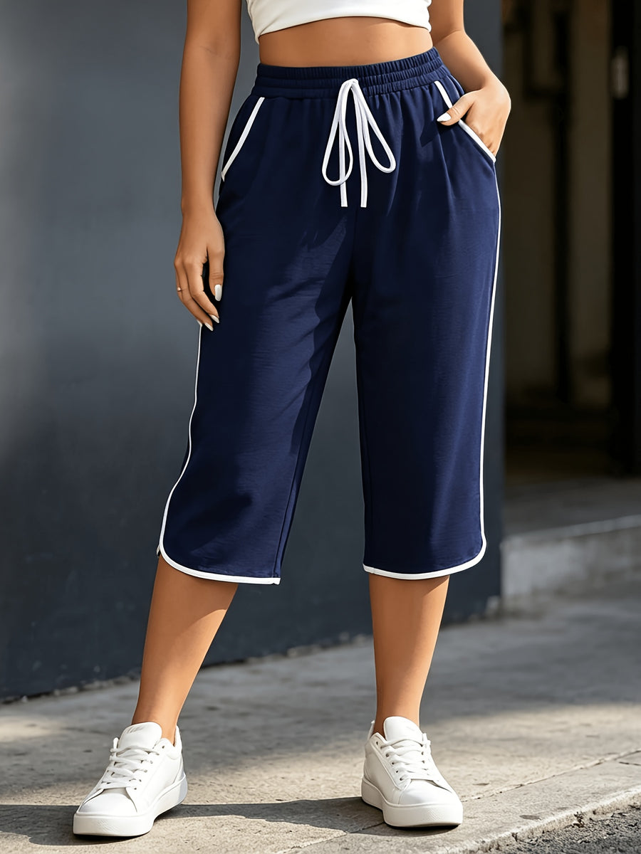 Women'S Capri Pants, Retro Color-Block Striped Wide-Leg Mid-Length Trousers, Loose Straight Casual Outerwear Sweatpants, Casual All-Match Women'S Pants, Daily Casual Outing Wear, Home Fitness - Navy Color