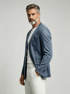 Men'S Casual Washed Non-Faux Denim Collarless Long Sleeve Single-Breasted Jacket - Sea Blue