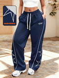Women'S Fashion Embroidered Craft Star Pattern Long Pants, Spring/Autumn Elastic Waist Drawstring Trousers for Outdoor Casual Daily Wear - Blue