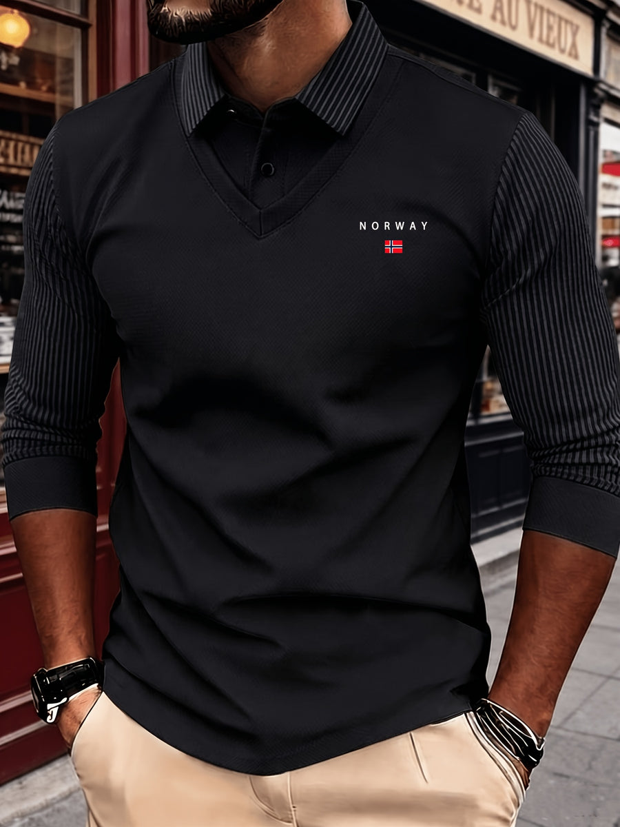 Men's New All-Season Knitwear Classic Lapel Long Sleeve 2-in-1 Look Polo Shirt, Featuring a Stylish and Minimalist Geometric Print Stripe Design, with a Color-blocked Collar and Layered Shirt Style. Made from Skin-friendly, Breathable, and Soft - NW Black