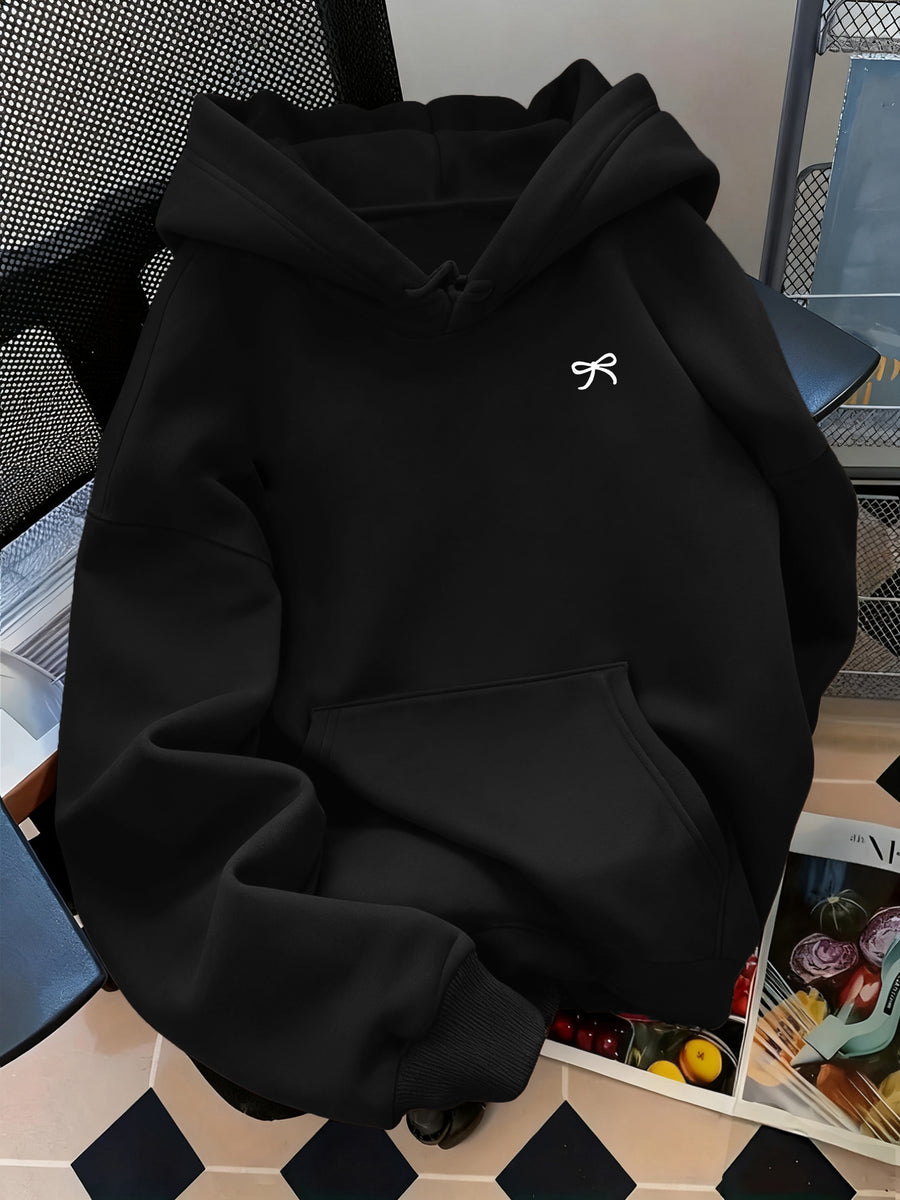 Women'S Fashion Classic Cute Bowknot Pattern Print Autumn/Winter Warm Lined Sweatshirt Hoodie Women'S Everyday Wear Top Kangaroo Pocket - Black