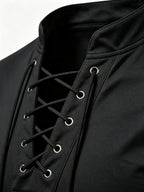 2026 New Men'S Casual Outdoor Tie-Neck Polo Shirt - K, Long Sleeve for All Seasons, Button-Less Design with Cross Drawstring, Stand Collar, Breathable And Comfortable, Quick-Dry - Black