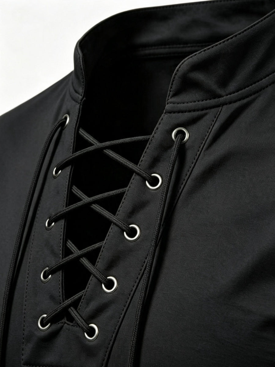 2026 New Men'S Casual Outdoor Tie-Neck Polo Shirt - K, Long Sleeve for All Seasons, Button-Less Design with Cross Drawstring, Stand Collar, Breathable And Comfortable, Quick-Dry - Black