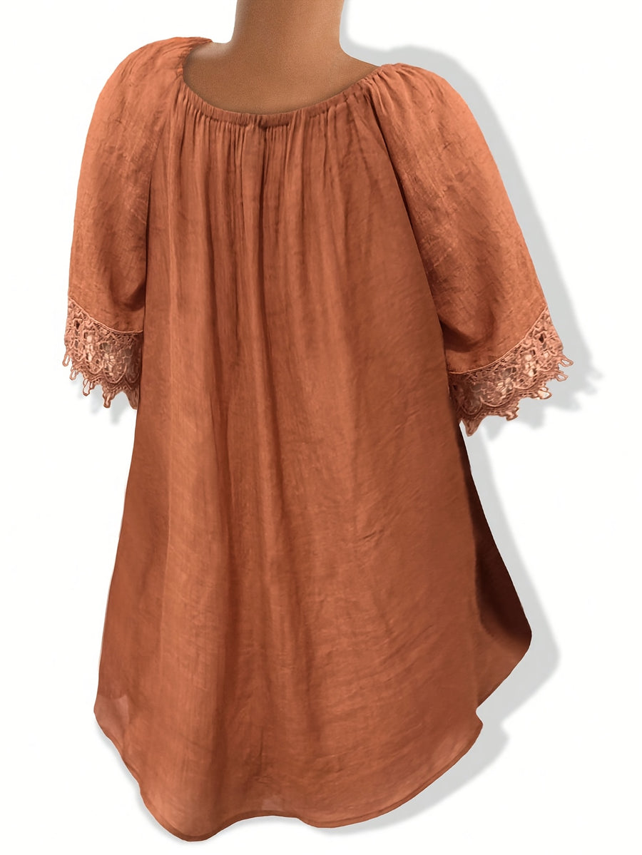 Bohemian Style V-Neck Lace Blouse with Drawstring, Loose Flared Sleeve Breathable Top - Rust