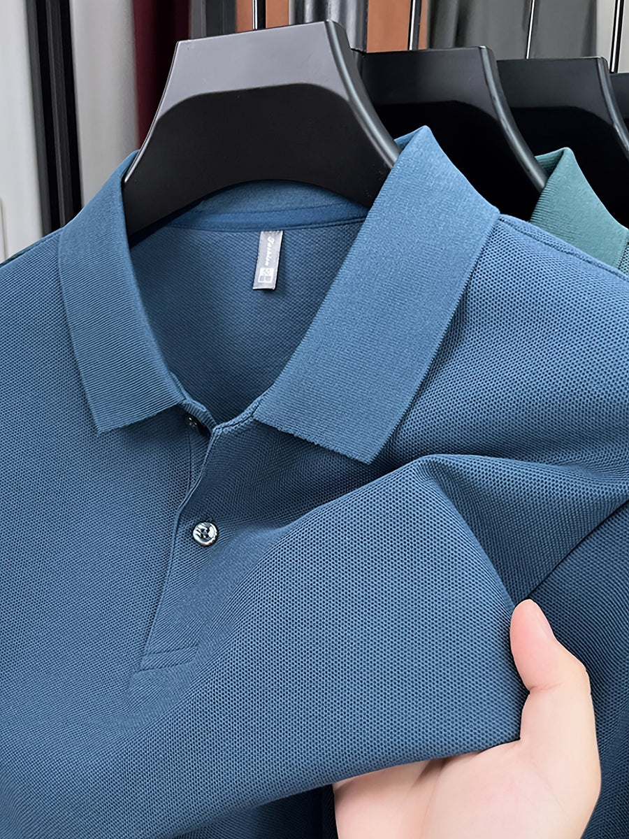 Spring and Autumn Men's Lapel Polo Shirt, Fashionable Solid Color Base Layer Top, Versatile Business Casual Long Sleeve T-Shirt, Suitable for Daily Work Scenes, The Best Gift for Friends and Relatives - Lake Blue