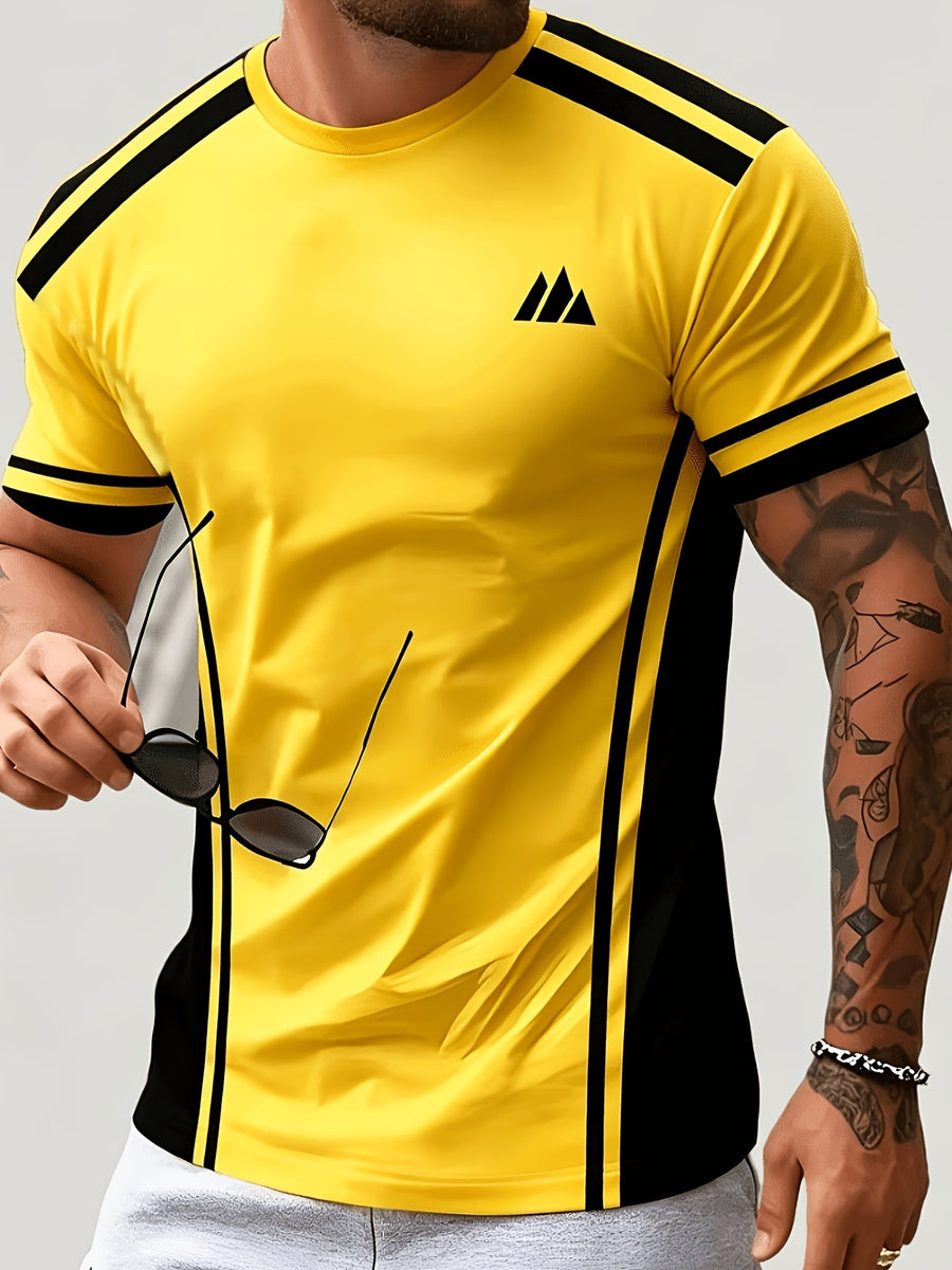 Men'S Trendy Casual Sports T-Shirt, Yellow Black Contrast Striped Mountain Peak Small Label Print Design, Fashionable Thin Breathable T-Shirt, Machine Washable Casual Short Sleeve Top - Mixed colors