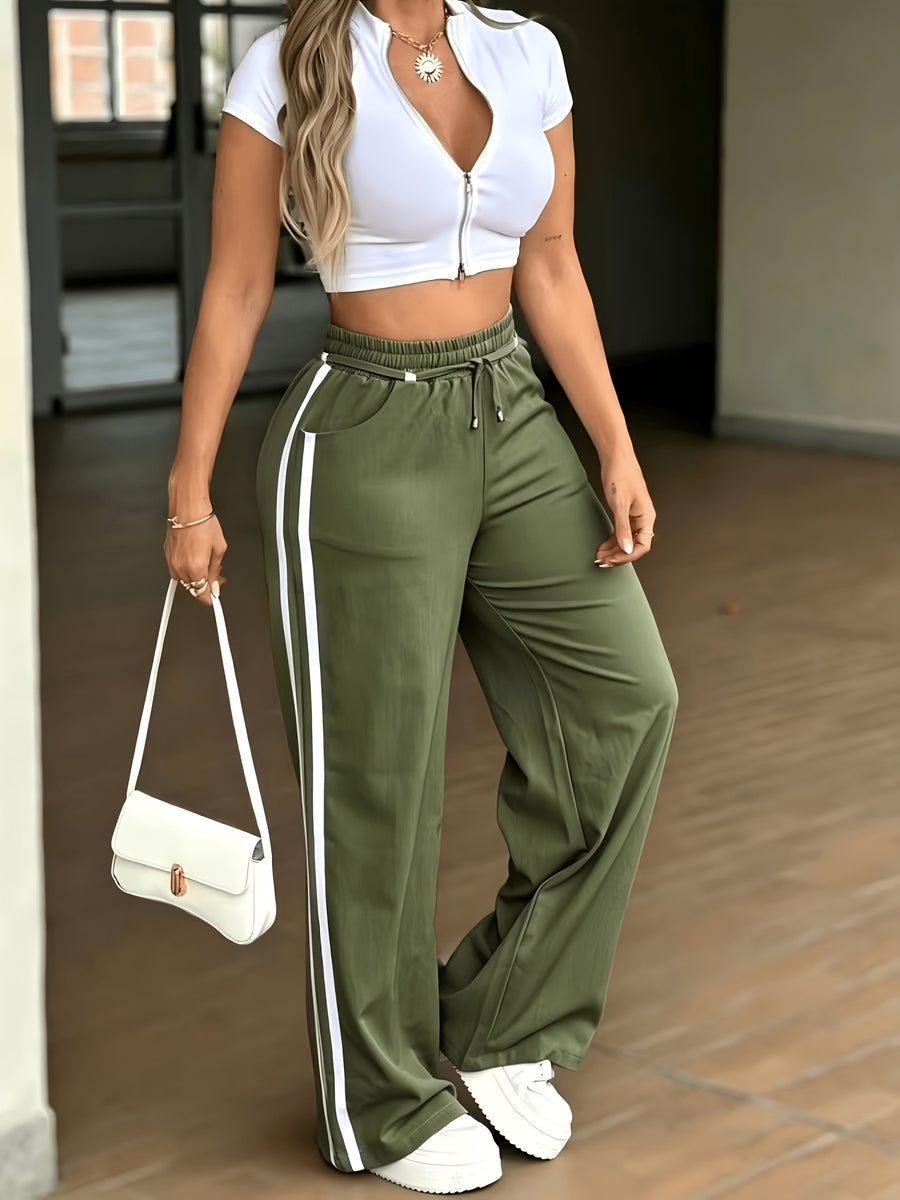 Women's Elastic High-Waist Drawstring Side Seam Drawstring Accent Casual Pants - Olive Green