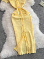 V-neck Metallic Single-button Solid Color Fashionable Fringe Trim Body-hugging Slit Mermaid Dress LL256 - Yellow