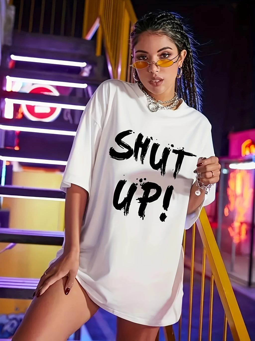 Women'S Casual Crew Neck T-Shirt, "Shut Up" Print, Short Sleeve, Polyester 100%, Medium Stretch, Spring/Summer Knit Fabric Top, 180g/m², Regular Length - White