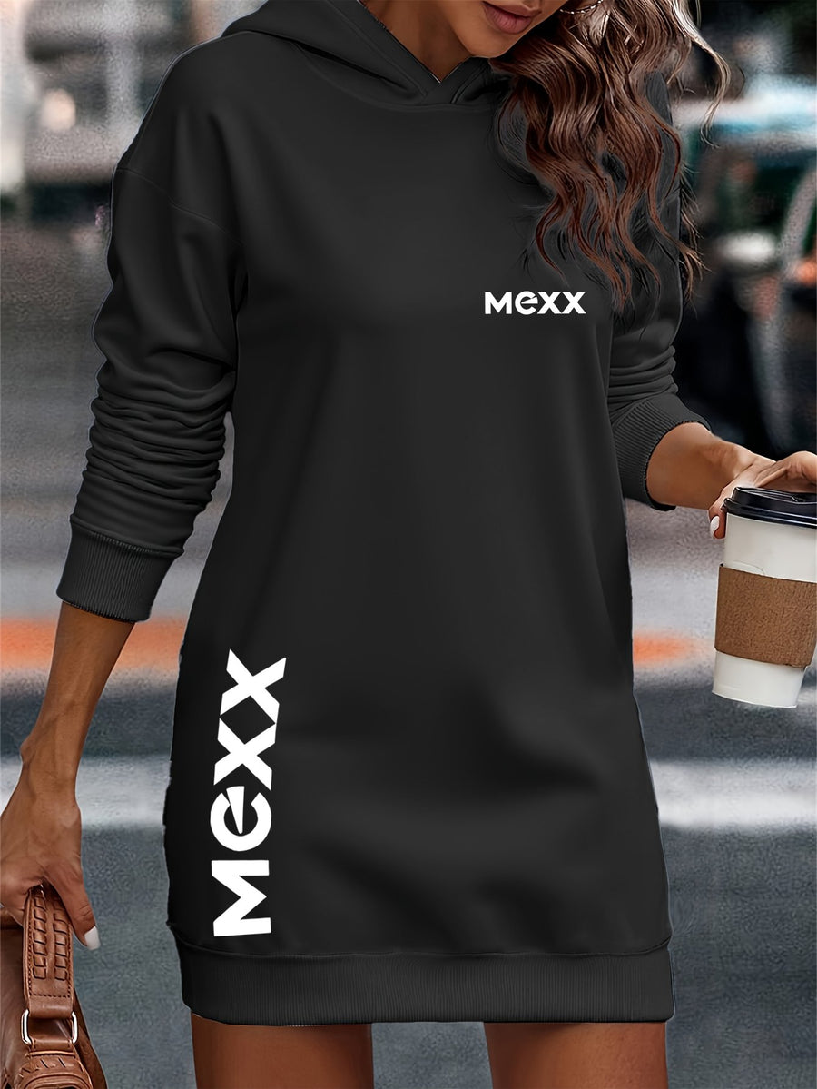 Extended Hooded Sweatshirt, Sweatshirt Dress, Casual Women'S Commuting Style, Loose Fit, Heat Transfer Printing, Elastic Ribbed Cuffs/Hem, Soft And Comfortable Fabric, Three Colors Available: Blue, Black, Red - Black