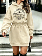 Women's Drawstring Waist Halloween Fashion Letter Print Hoodie - Apricot