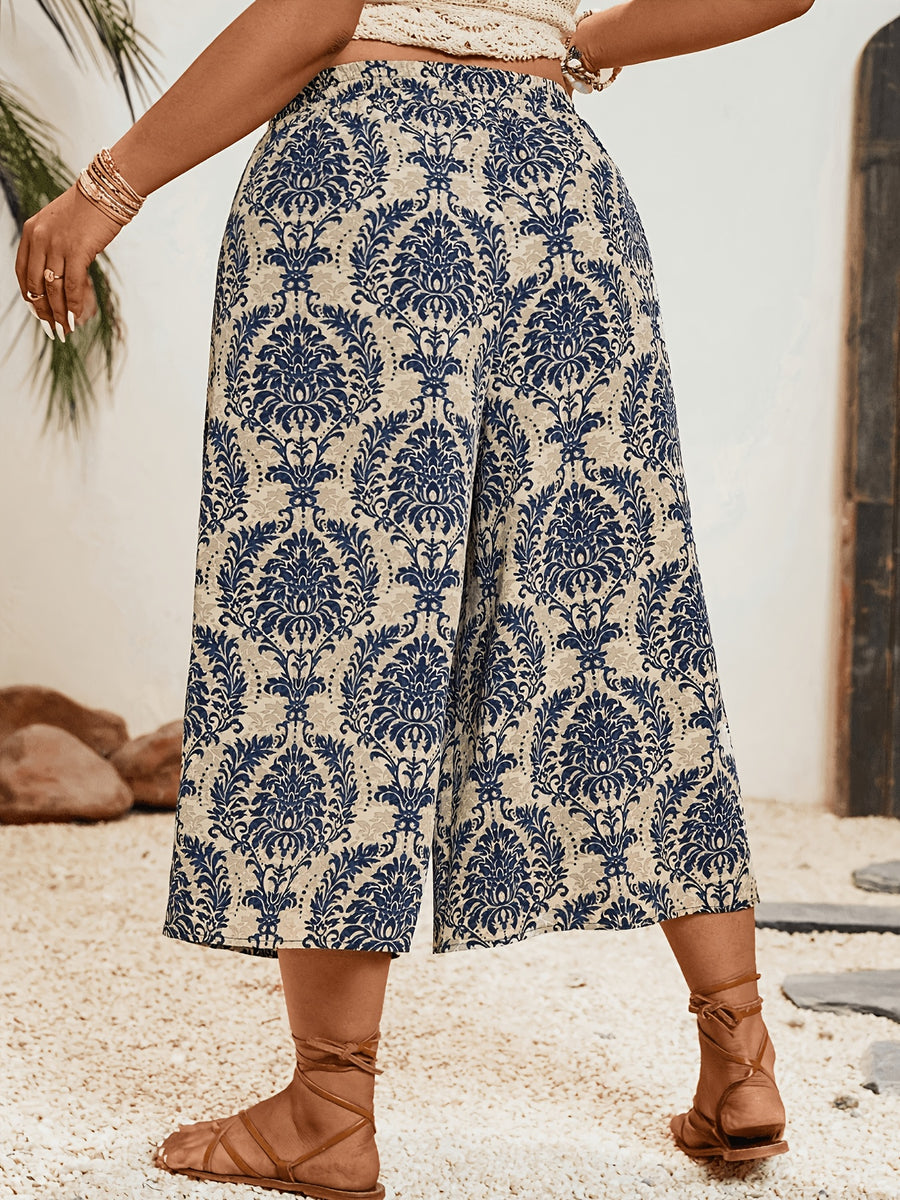 Women's High-Waist Wide-Leg Capri Pants with Elastic Waist & Drawstring - Non- Suitable for Summer Beach, Resort Style Floral Print Trousers, Machine Washable Casual Pants for Vacations, Boardwalks & Casual Attire - Apricot