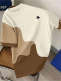 Men'S Casual Athletic T-Shirt, Beige Brown Gradient Wavy Contrast HK Small Label Print Design, Fashion Thin Breathable Tee, Machine Washable Casual Short Sleeve Top - Mixed colors