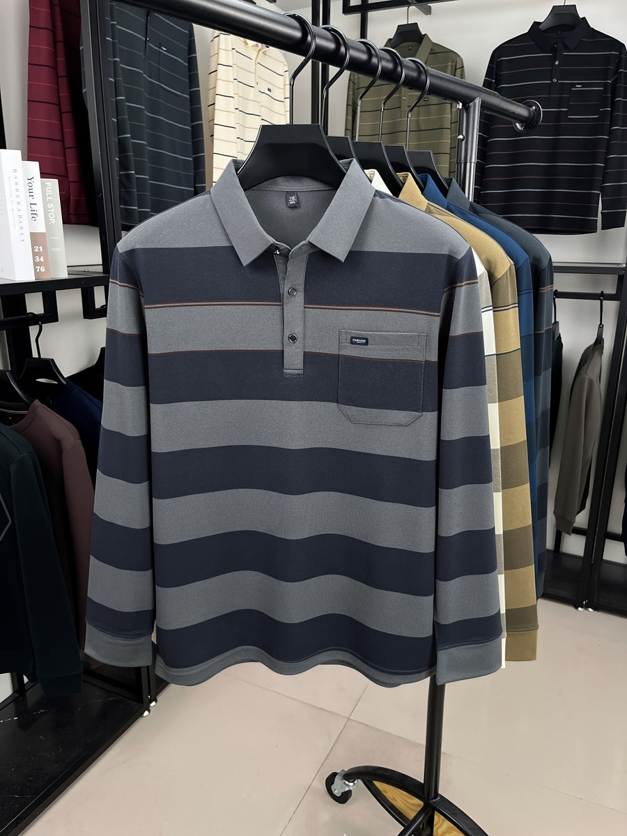 Autumn Men'S Long Sleeve T-Shirt 2026 New Style Wide Stripe Lapel with Real Pockets Casual Long Sleeve POLO Shirt - Grey