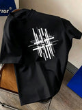 Men's Round-neck Short-sleeve Top with a Minimalist Black and White Abstract Geometric Line Pattern, Featuring a Modern Art Design Style. Suitable for Daily Casual Streetwear, It Is Both Fashionable and Comfortable - Black
