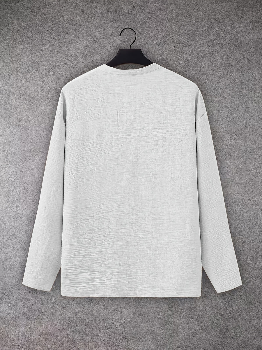 Spring/Autumn Men's Large V-Neck Linen Long Sleeve Shirt, a Versatile and Basic Men's Long Sleeve Top, Featuring a Casual and Comfortable V-neck Design, Suitable for Daily and Casual Wear - White