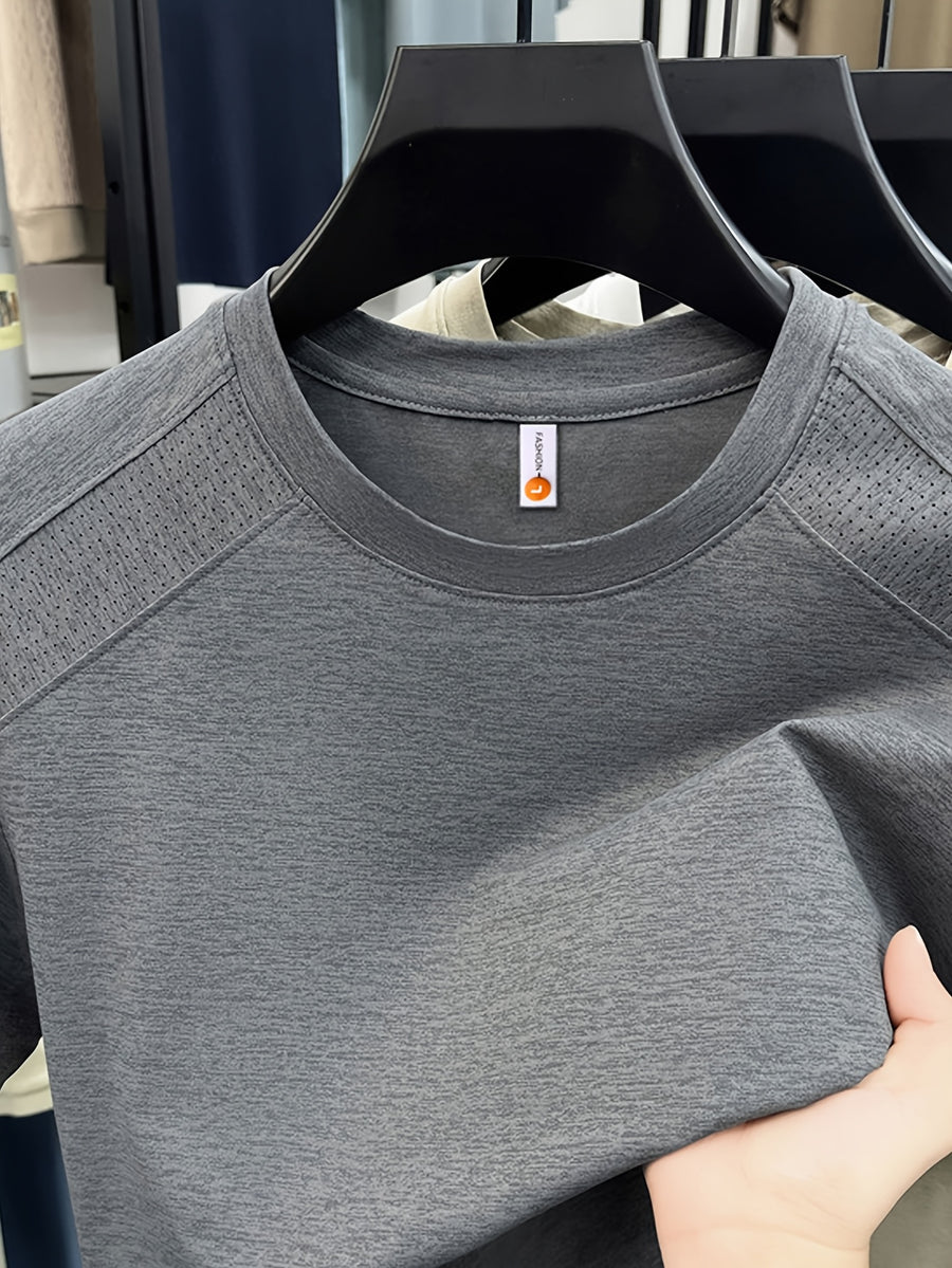 Men'S Solid Color Quick-Dry Round Neck T-Shirt, Versatile for Daily Commute And Light Sports, Breathable with Micro-Perforations, Enhanced Ventilation, Comfortable And Non-Sticky in Summer - Grey