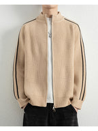 [Wading Whale OBM] Spring/Autumn New Men'S Knit Cardigan, Old Money Style Color-Block Striped Zipper Front Stand Collar Cardigan for Men, Business Casual Fashion Knitwear, Suitable for Spring, Autumn, Winter Layering Or Outerwear, Fits Daily Casual - Khaki