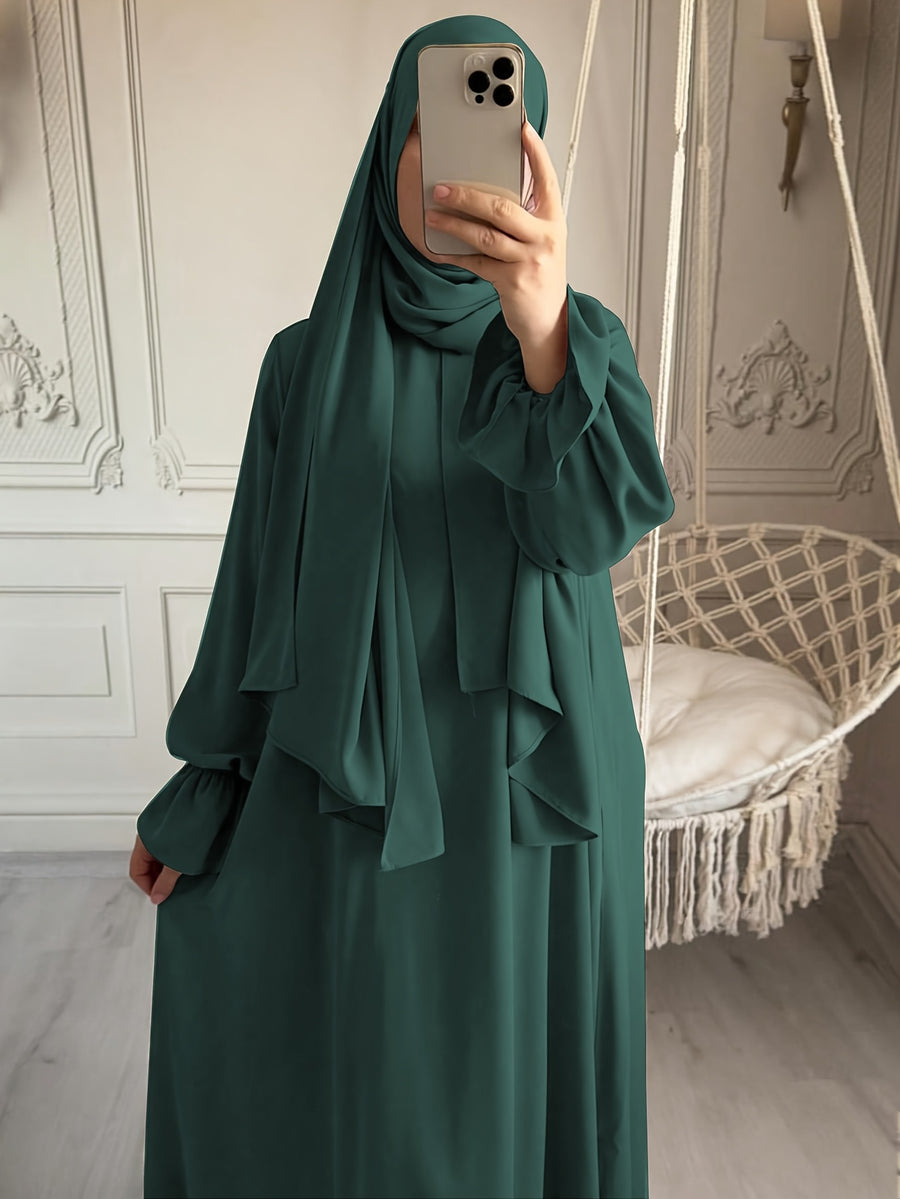 1pc Fashionable, Elegant and Casual One-piece Solid-colored Bellows Sleeve Suitable for Daily Wear. Loose and Comfortable Women's Abaya Robe.abayas for Women Muslim Kleider Damen Abaya for Women Stylish Khimar Ladies Abaya - Dark Green
