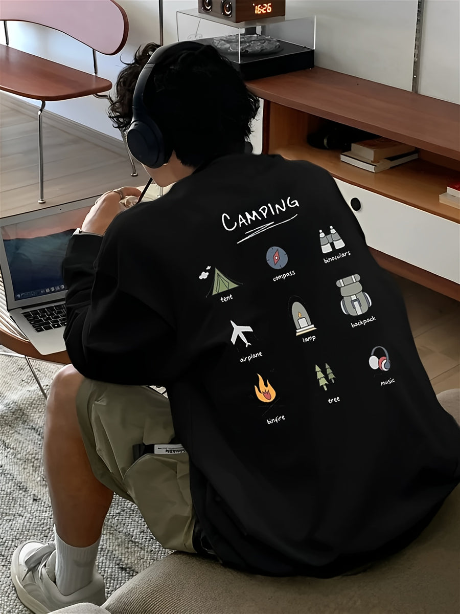 Spring And Autumn New Trendy Printed Long-Sleeve T-Shirt for Men, Heavy-Weight Casual Loose Breathable Outdoor Sports Top - Black