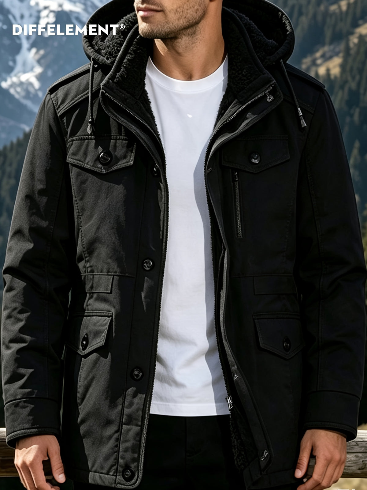 DIFFELEMENT Outdoor Hardcore Men's Workwear Style Mid-Length Hooded Parka Coat, Windproof Hood with Fleece-Lined Thickened Lamb's Interior, Double-Breasted Placket with Buttons, Multiple Pockets, Cold-Resistant, Wear-Resistant, Wrinkle-Resistant - Black