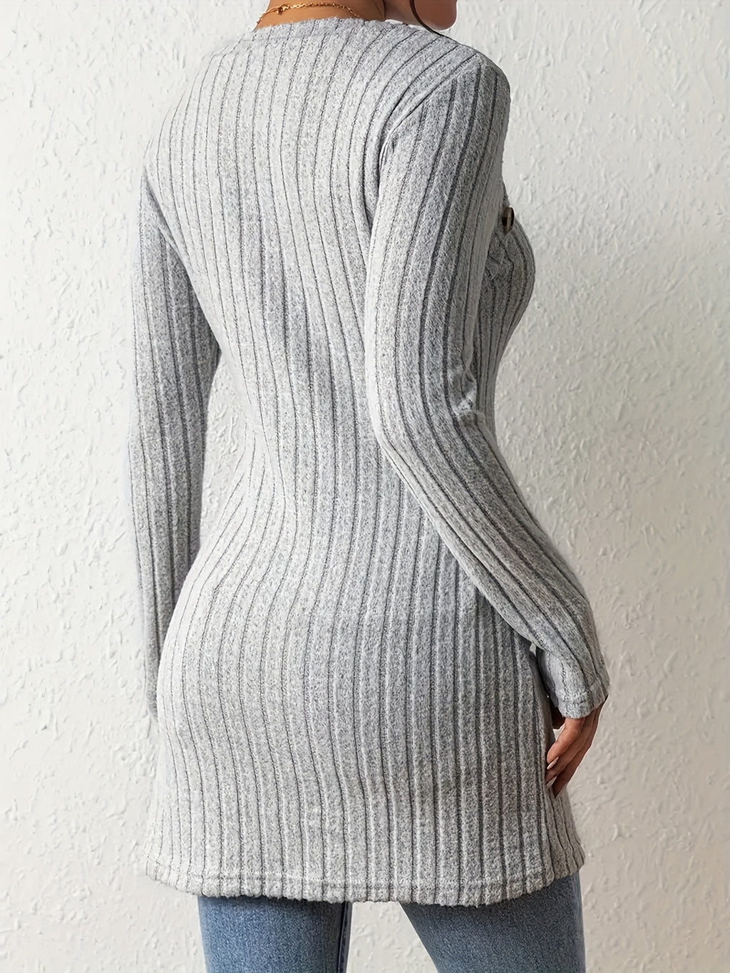 Women's Fashion Ribbed Square Neck Contrast Color Irregular Button Long Sleeve T-Shirt - Light Grey