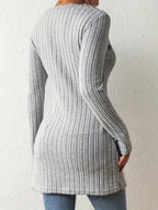 Women's Fashion Ribbed Square Neck Contrast Color Irregular Button Long Sleeve T-Shirt - Light Grey
