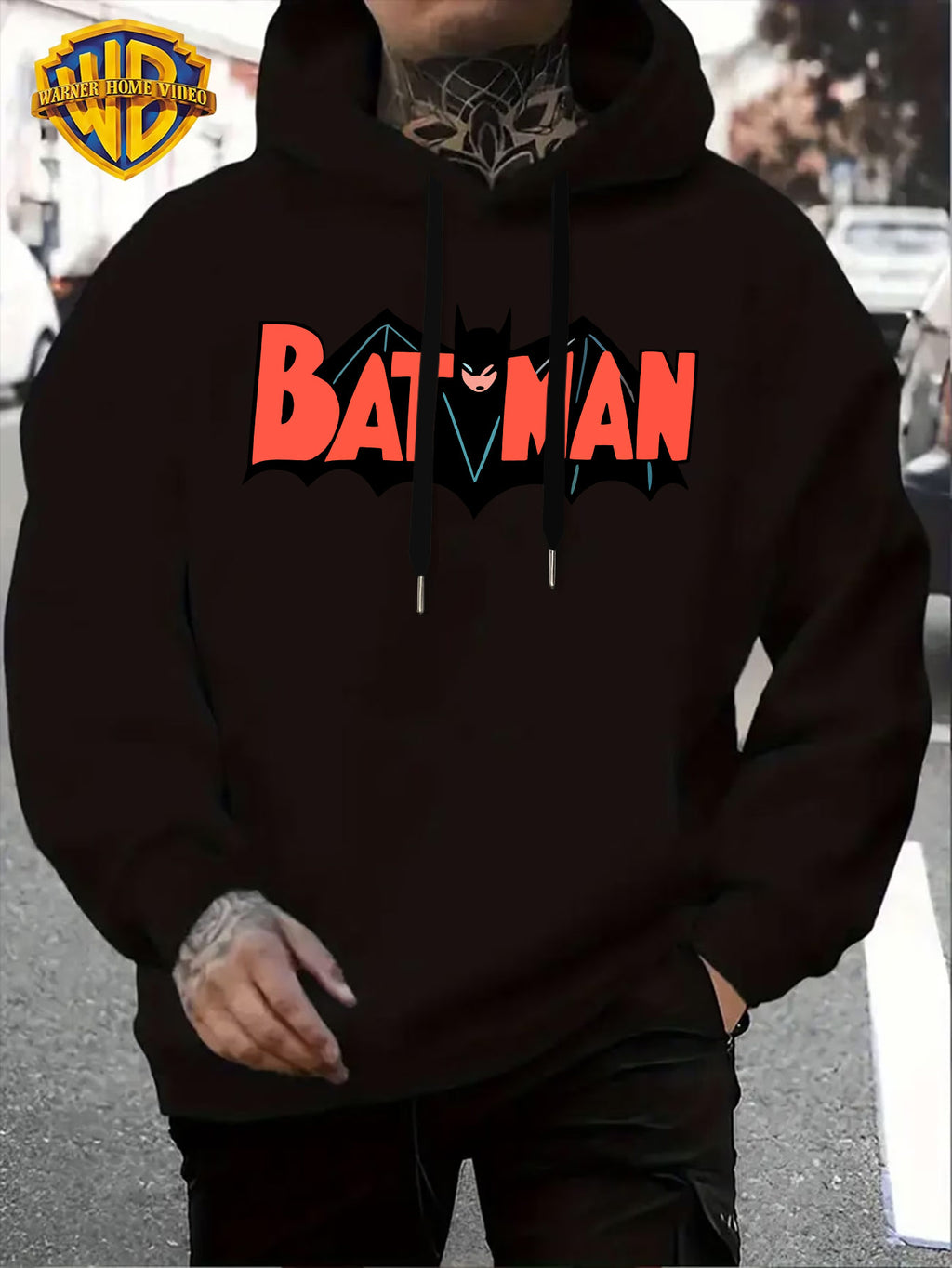 Warner Official Men'S Retro Comic Style Batman Hot-Blooded Trendy Printed Drawstring Hoodie, Warm And Machine Washable for Autumn And Winter, Multifunctional Street Sports And Leisure Loose Edition - Black