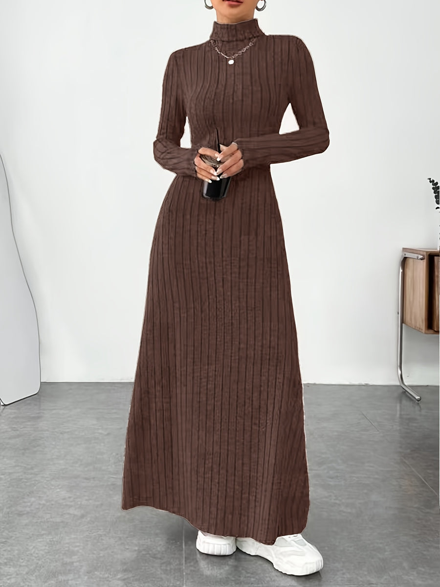 Autumn And Winter Women'S Directional High-Neck Ribbed Long Dress - Vintage Warmth, Body-Hugging And, Effortlessly Creating an Elegant And Relaxed Style for European And American Autumn And Winter - Coffee Brown