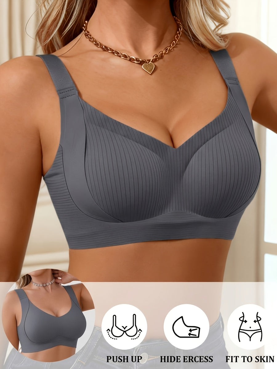 1pc Women'S Seamless Pinstripe Bra Without Underwire, Adjustable Wide Straps, Back with 4 Rows of Buttons, Comfortable Support Without Underwire, Gathering And Lifting Daily Lingerie, Soft And Breathable Removable Cups, Shaping Tight Fit Innerwear - Dark Gray