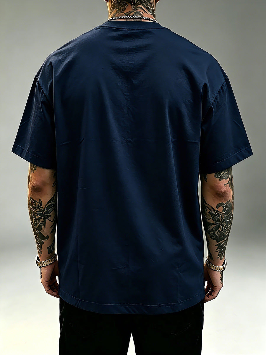 Tommy Handwritten Signature with Block Logo Print Crew Neck Short Sleeve Men's American Streetwear Casual Half-Sleeve Top - Navy Color