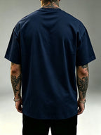 Tommy Handwritten Signature with Block Logo Print Crew Neck Short Sleeve Men's American Streetwear Casual Half-Sleeve Top - Navy Color