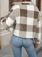 +2025 Autumn/Winter Women's Three-Color Buffalo Plaid Print Short Jacket, Elegant Button-Up Short Faux Coat for Women - Khaki