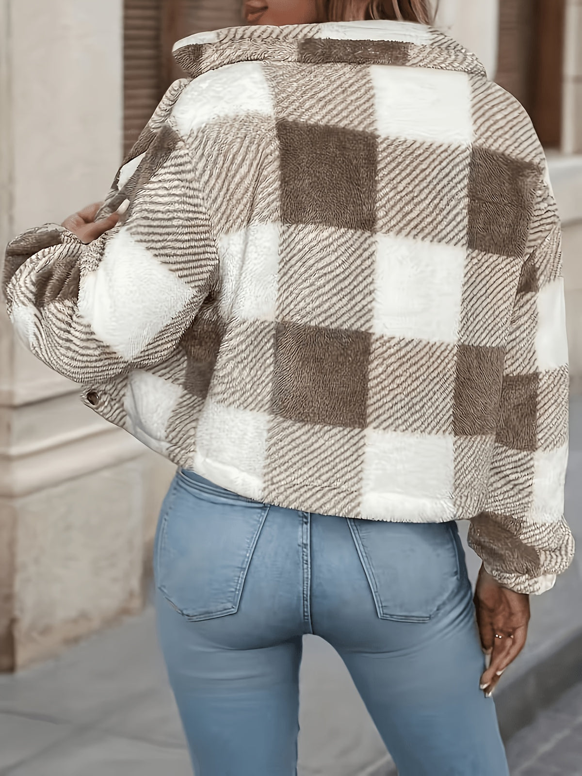 +2025 Autumn/Winter Women's Three-Color Buffalo Plaid Print Short Jacket, Elegant Button-Up Short Faux Coat for Women - Khaki