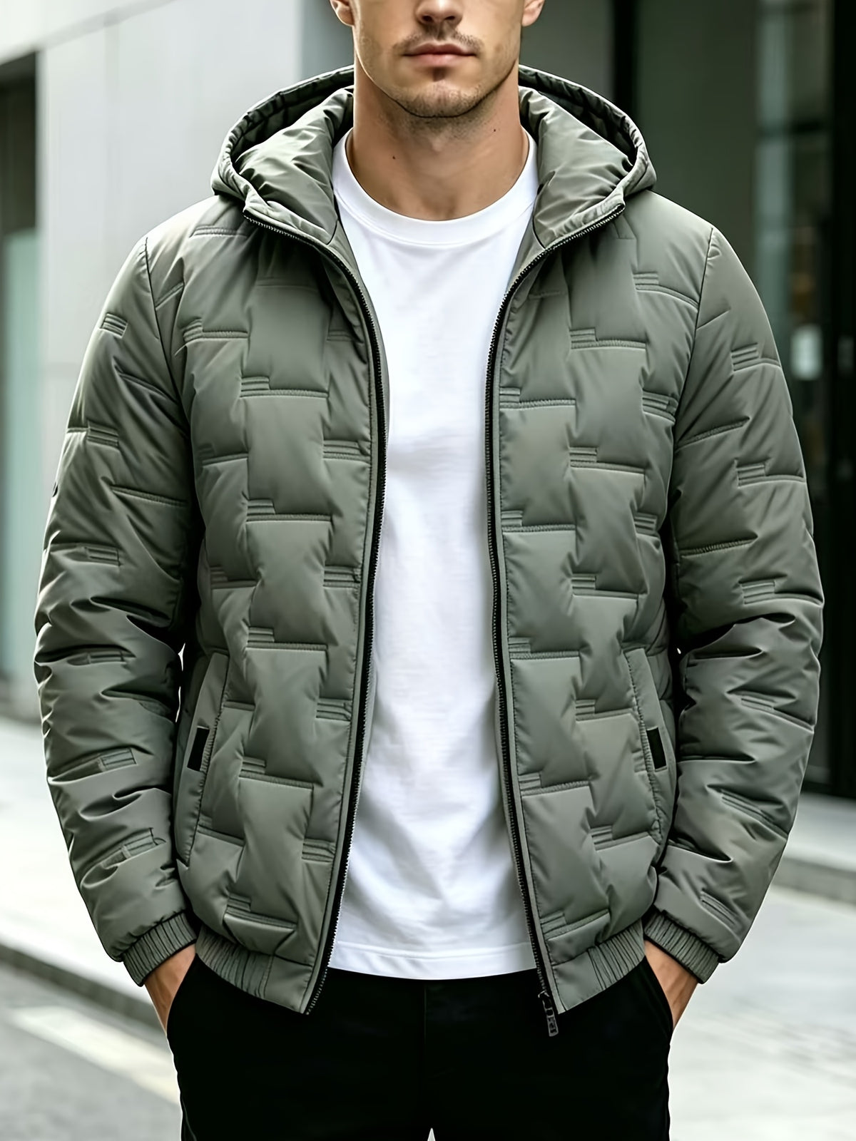 Men's Solid Color Hooded Jacket, Fashionable and Warm Winter Outerwear, Slim Fit Jacket, Simple and Trendy Design - Green