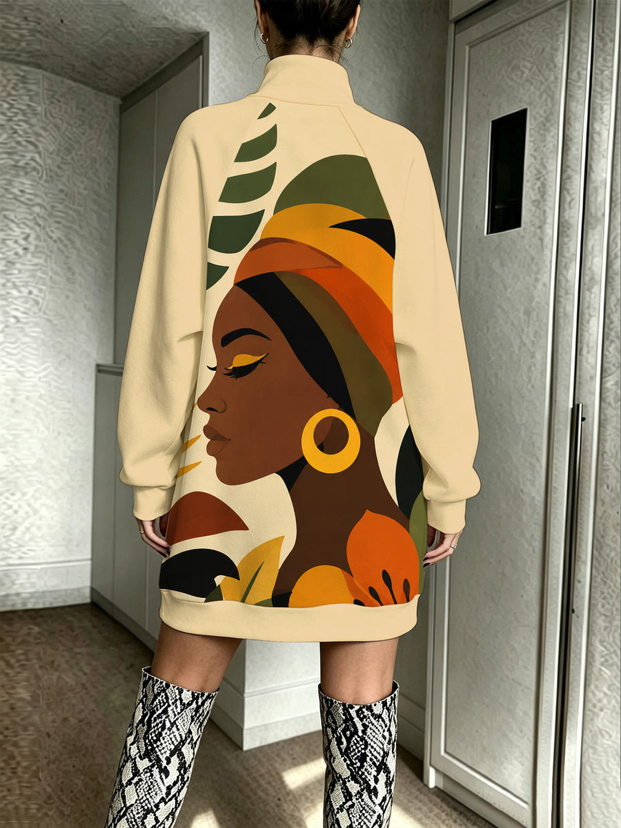 African Woman Tropical Floral Women'S Printed Sweatshirt Dress Autumn Winter Long Casual Wear Office Daily Home Street Party Vacation - Mixed colors
