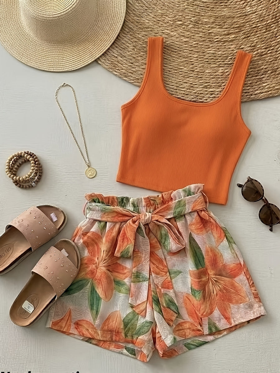 Summer Vacation Style Bright Orange Camisole + Tie-Side Shorts 2pcs Set - Orange Camisole + Floral Print Shorts