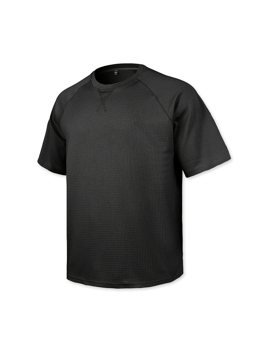 Men's Short-sleeve Waffle T-shirt, Lightweight and Breathable Crewneck Top, Suitable for Daily Casual Wear, Summer Vacations, and Outdoor Activities, with a Loose Fit - 1pc Black