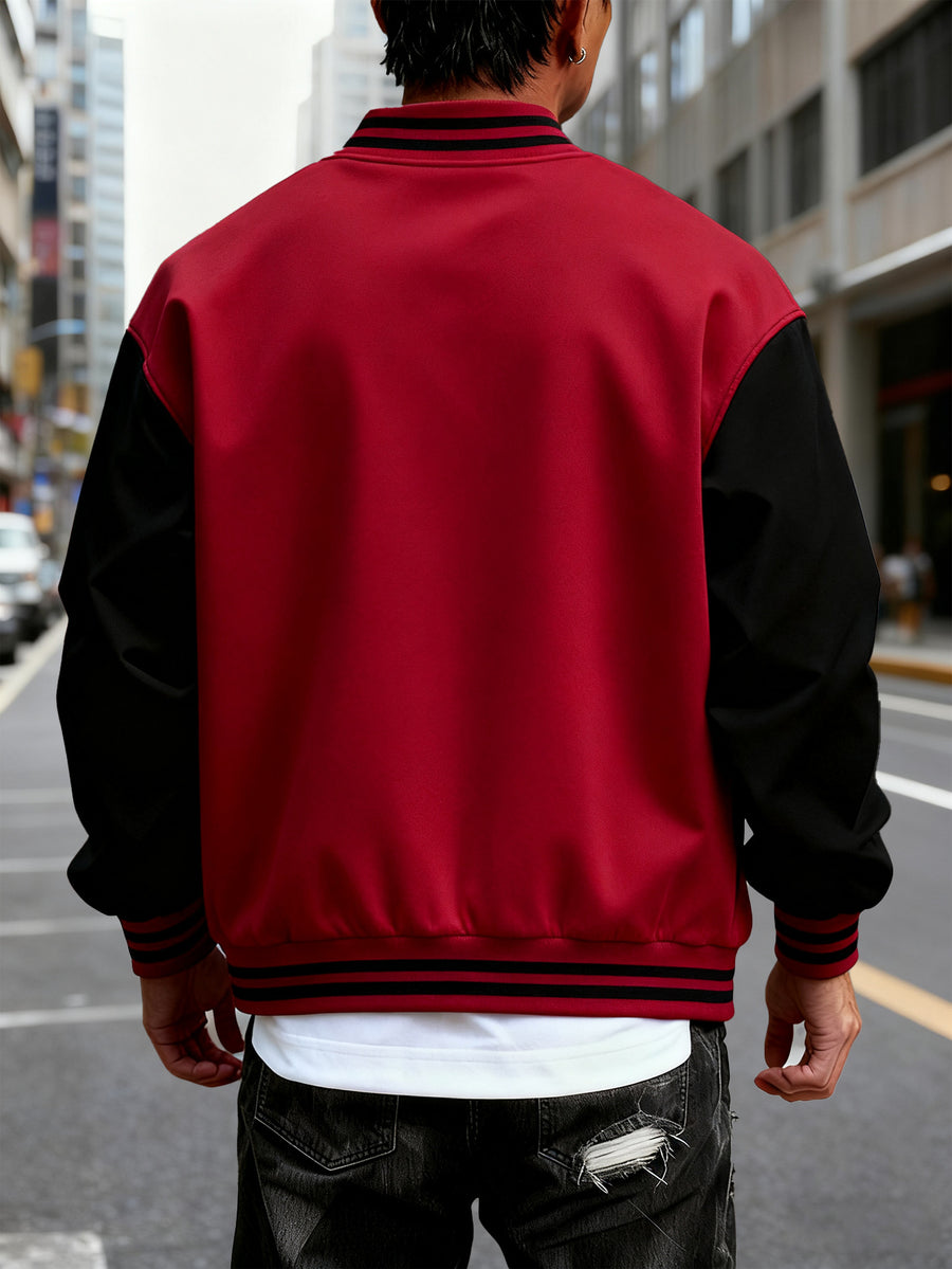 Men's Trendy Baseball Jacket with New York Style NY Letter Graphic Design - Contrast Sleeve Color Block Style - Button Closure with Stretchable Fabric, Versatile and Comfortable Jacket for All Seasons - Suitable for Outdoor Travel, Sports, and Friend - Burgundy