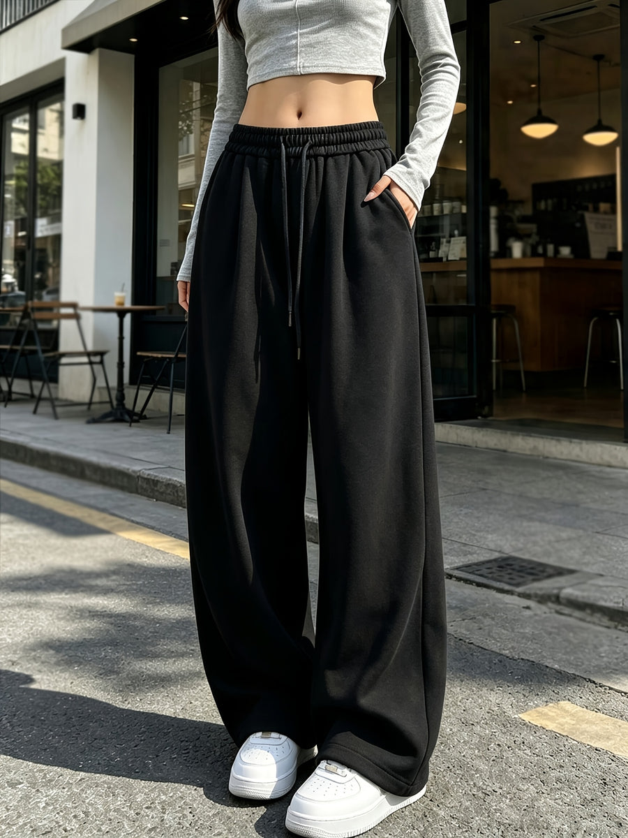 Spring And Autumn Drapey Loose Wide-Leg Athletic Pants for Women, Elastic Waist Drawstring High-Waist with Pockets, Easy All-Match Jogger Pants - Black