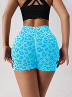 Women's High-waisted Shorts, Perfect for Yoga, Workouts, and Daily Wear, Leopard Print Outdoor Sport Shorts - Cyan