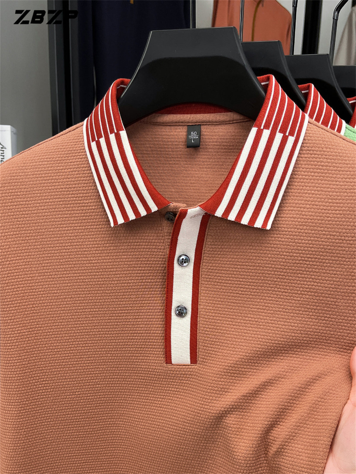 ZBZP New Spring, Autumn, Winter Men's Long Sleeve Polo Shirt, Lapel Pullover, Simple Business Casual High-End Breathable Long Sleeve T-Shirt, Men's Apparel DR - Orange-Red