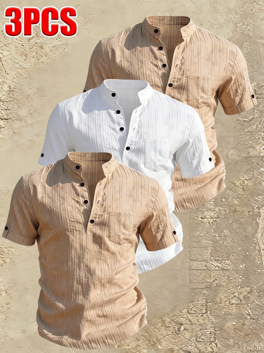 Men's Stand Collar Henley Short Sleeve Shirt 3pcs, Vertical Stripe Texture Half-Button with Pocket Top, Summer Breathable Casual Vacation 3pcs Versatile Men's Shirt Set - Khaki + Khaki + White