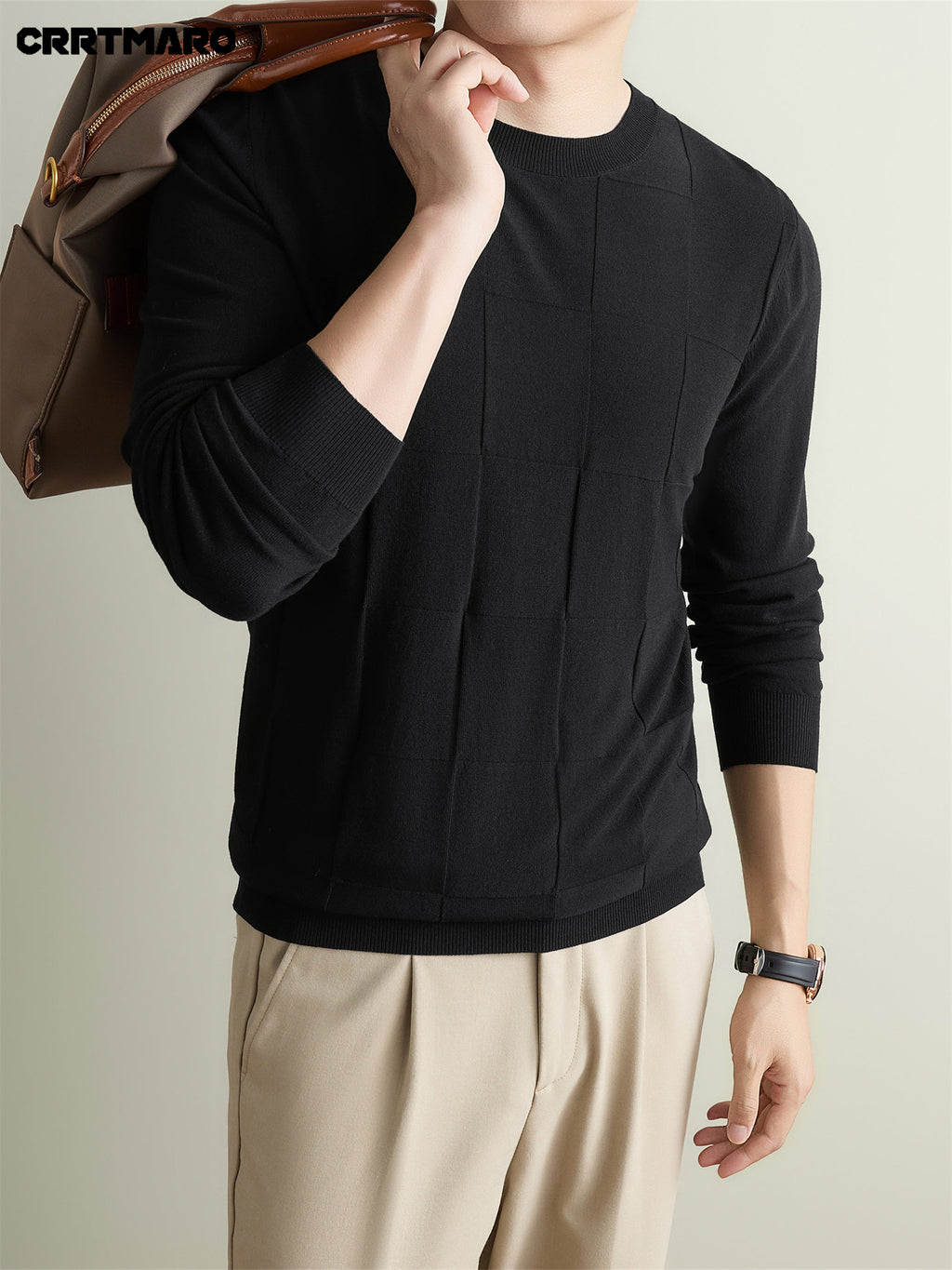 Men's CRRTMARO Textured Check Sweater - Warm Crew Neck Pullover Sweater Suitable for Fall & Winter, Casual Layering Top with Solid Color Base, Regular Fit Sweater for Office, -Casual Wear (Hand Washable) - Black