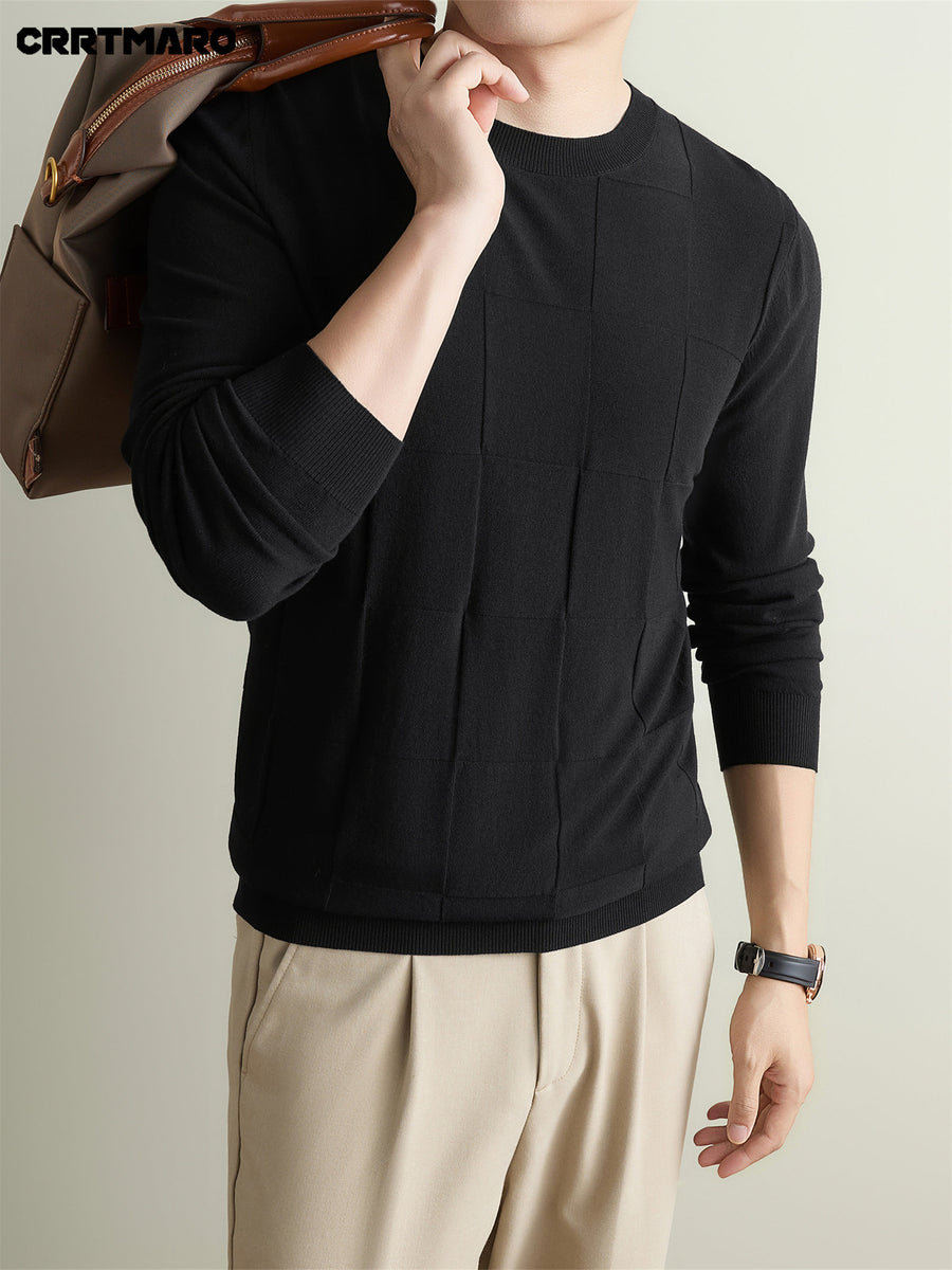 Men's CRRTMARO Textured Check Sweater - Warm Crew Neck Pullover Sweater Suitable for Fall & Winter, Casual Layering Top with Solid Color Base, Regular Fit Sweater for Office, -Casual Wear (Hand Washable) - Black
